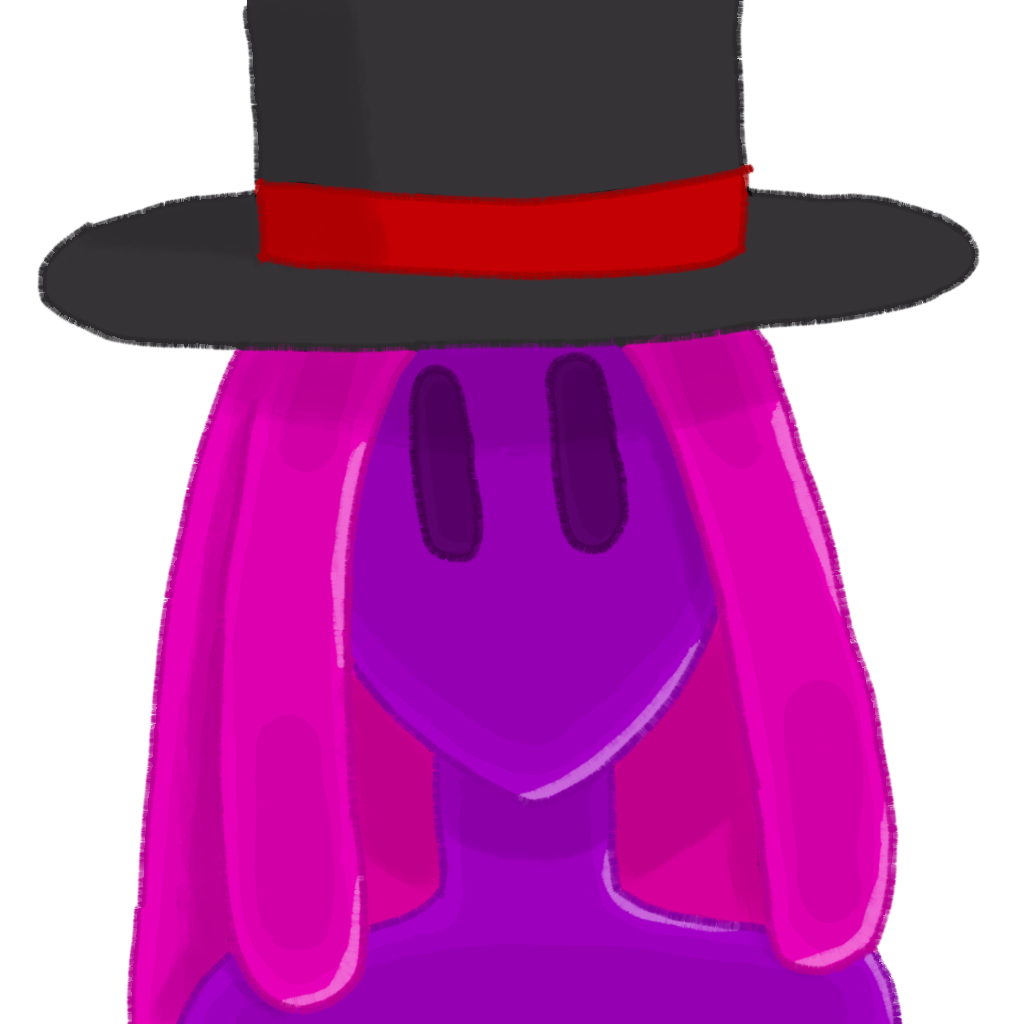 A purple humanoid slime with a top hat and long pink hair